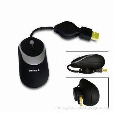 Mini Optical Mouse with Retractable Cable, USB Port and Resolution of 1,000DPI
